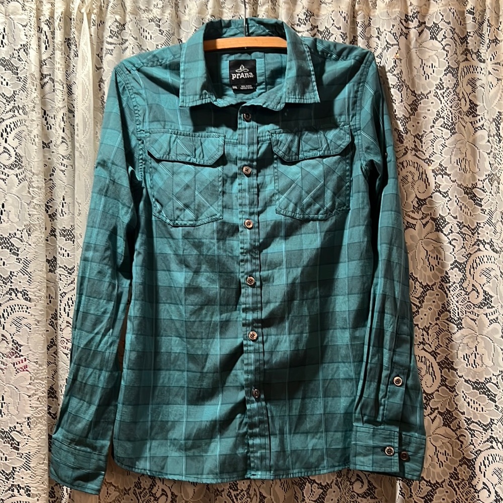 PRANA Teal Plaid Shirt Size Small